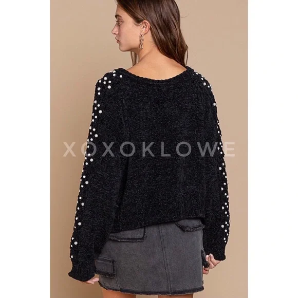 POL Pearl Beaded Black Velvet Chenille Sweater Relaxed Fit - Picture 11 of 13
